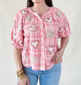 Queen of Sparkles Light Pink & White Plaid Heart Cookies Button Up
