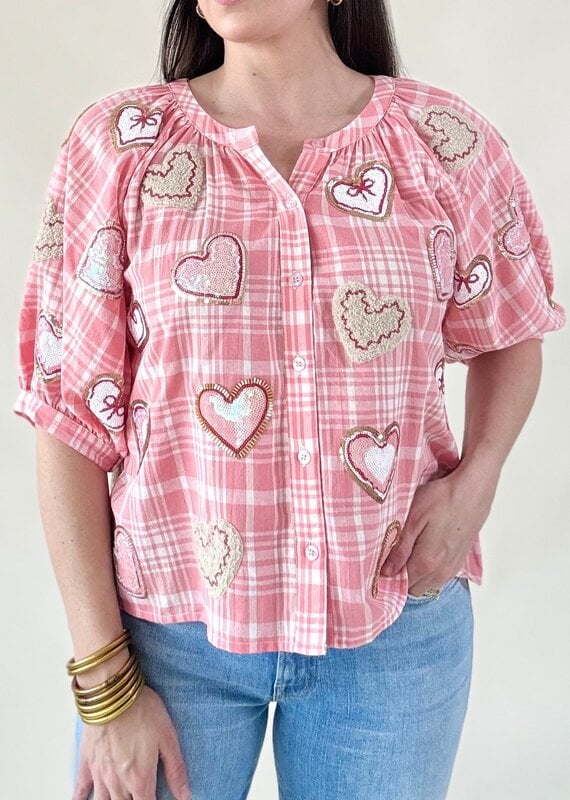 Queen of Sparkles Light Pink & White Plaid Heart Cookies Button Up