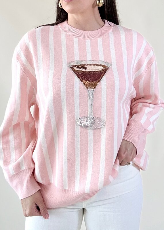 Queen of Sparkles Light Pink & White Stripe Espresso Martini Sweater