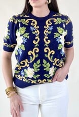 Navy Floral Pattern Sweater Top