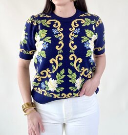 Navy Floral Pattern Sweater Top