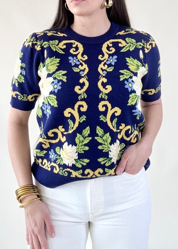 Navy Floral Pattern Sweater Top