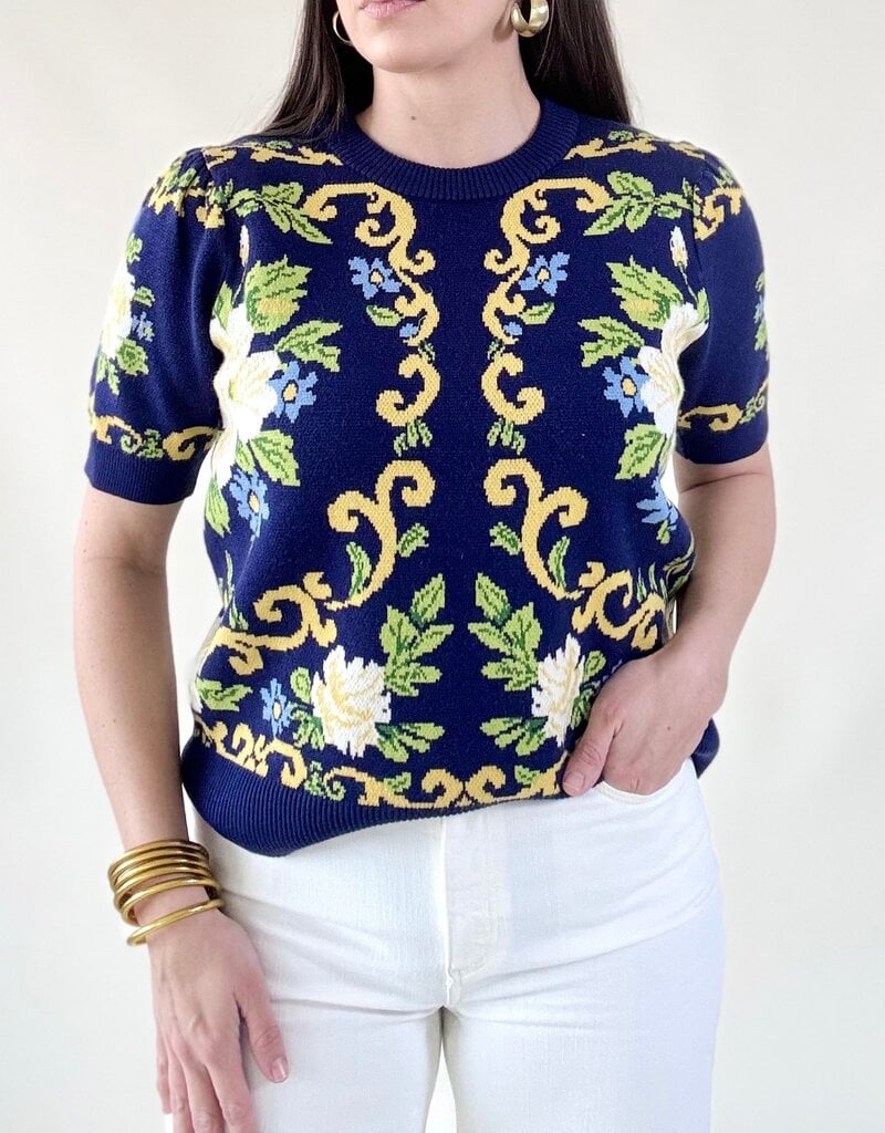 Navy Floral Pattern Sweater Top