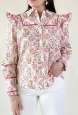 Botanical Print Ruffle Shoulder Blouse