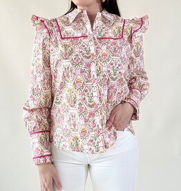 Botanical Print Ruffle Shoulder Blouse