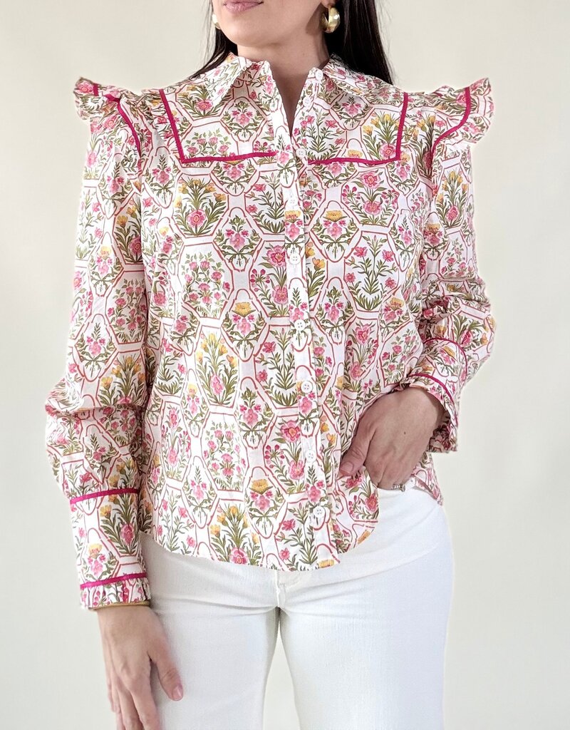 Botanical Print Ruffle Shoulder Blouse
