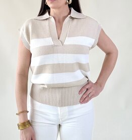 Beige Stripe Collared Sweater Top