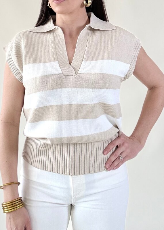Beige Stripe Collared Sweater Top