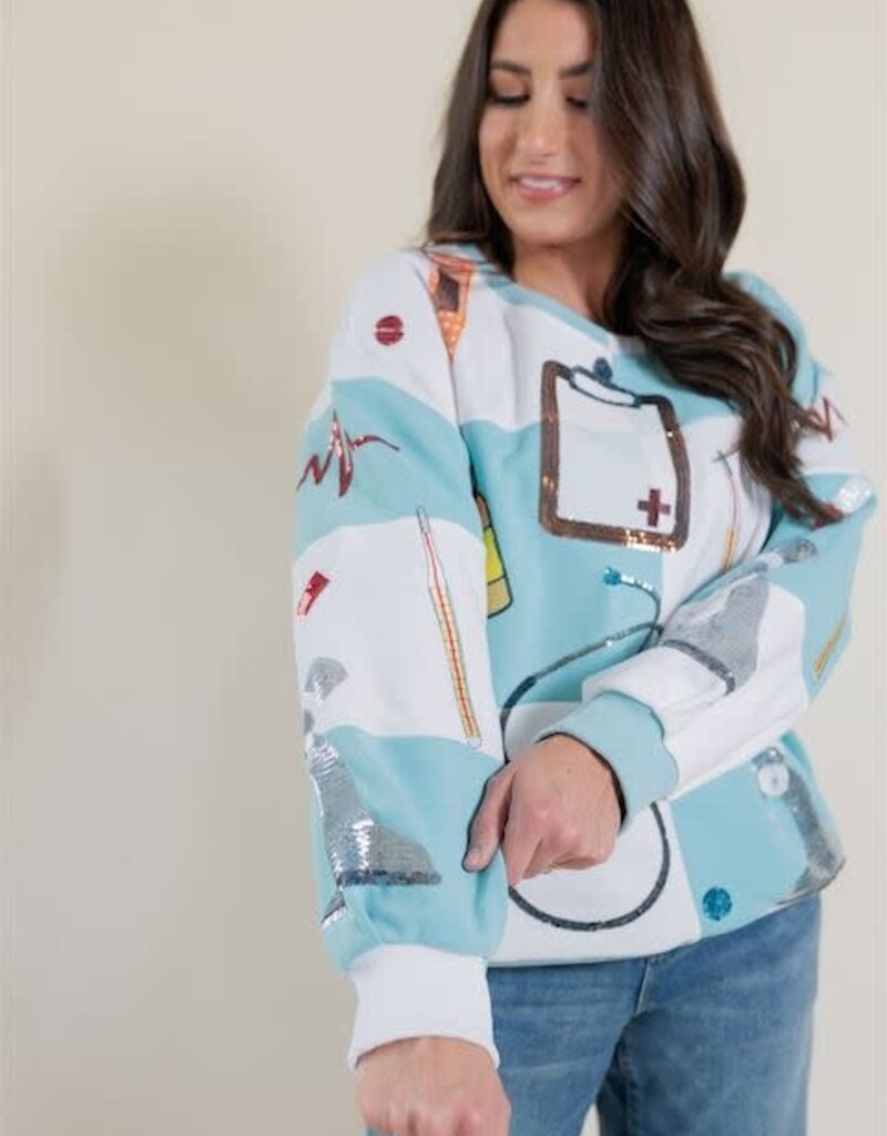 Queen of Sparkles Light Blue & White Checkered Medical Instrument Icon Sweatshirt