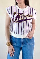 Queen of Sparkles Licensed LSU Striped Word Button Up Knit Vest
