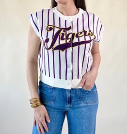 Queen of Sparkles Licensed LSU Striped Word Button Up Knit Vest
