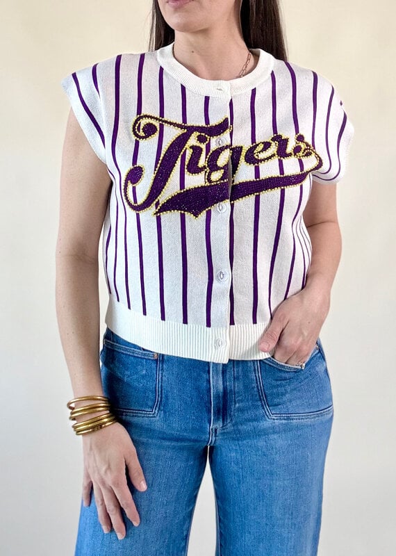 Queen of Sparkles Licensed LSU Striped Word Button Up Knit Vest