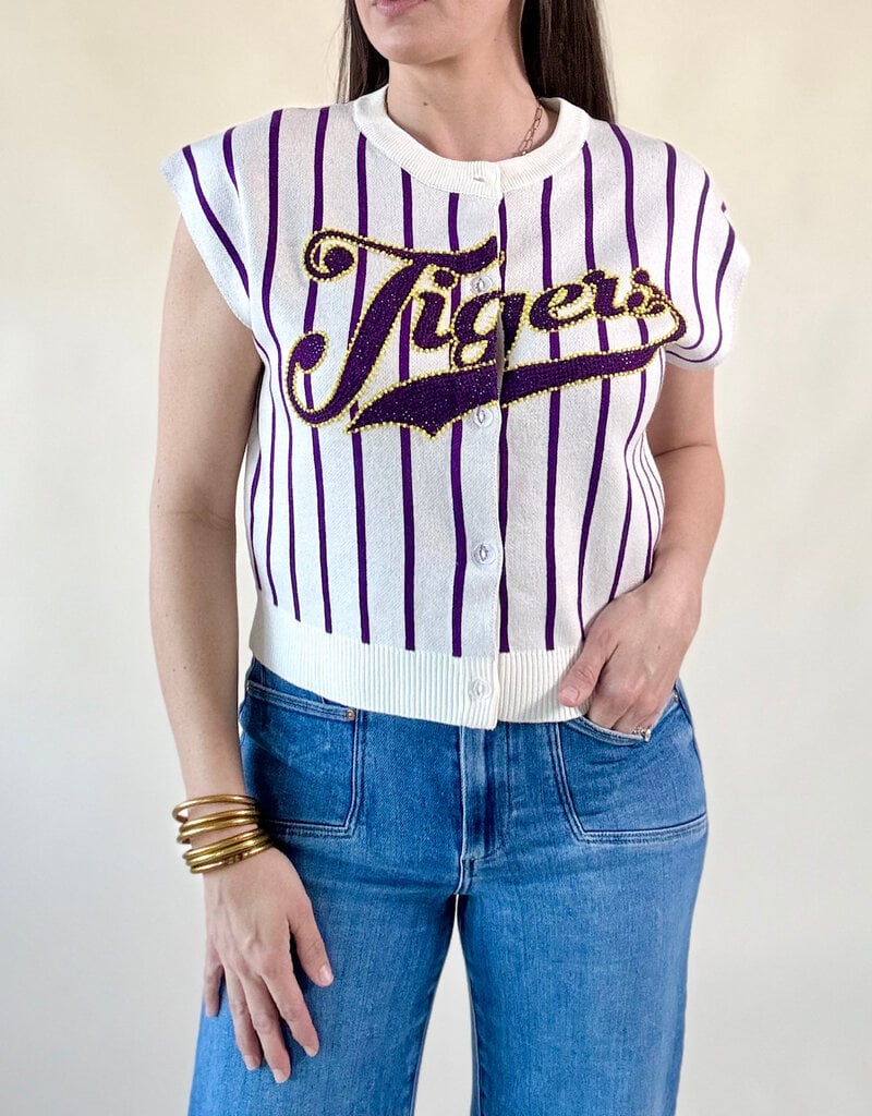 Queen of Sparkles Licensed LSU Striped Word Button Up Knit Vest