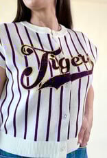 Queen of Sparkles Licensed LSU Striped Word Button Up Knit Vest