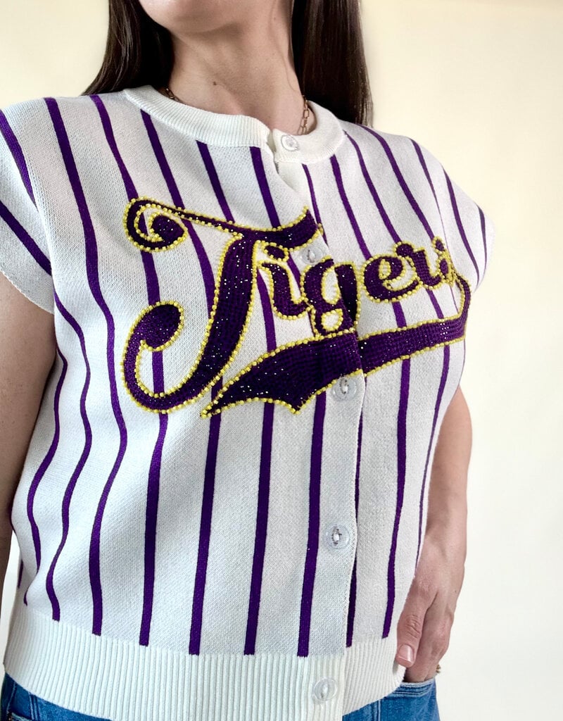 Queen of Sparkles Licensed LSU Striped Word Button Up Knit Vest
