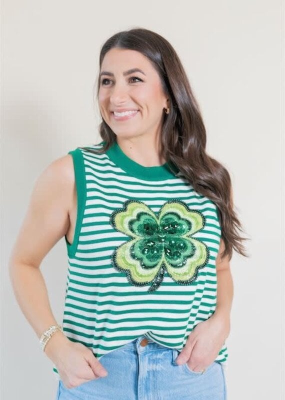 Queen of Sparkles Green Striped Shamrock Knit Tank