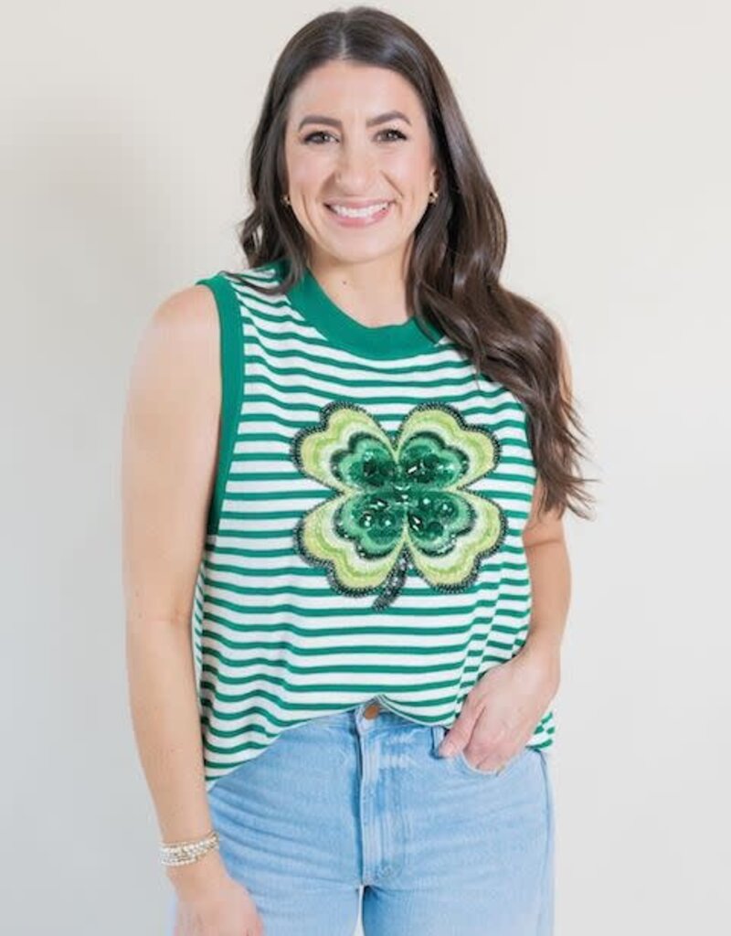 Queen of Sparkles Green Striped Shamrock Knit Tank