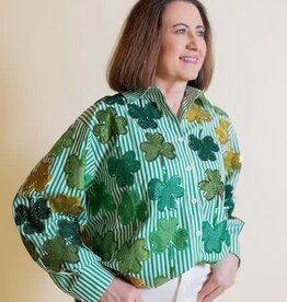 Queen of Sparkles Green & White Rhinestone Shamrock Button Up