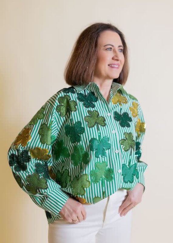 Queen of Sparkles Green & White Rhinestone Shamrock Button Up