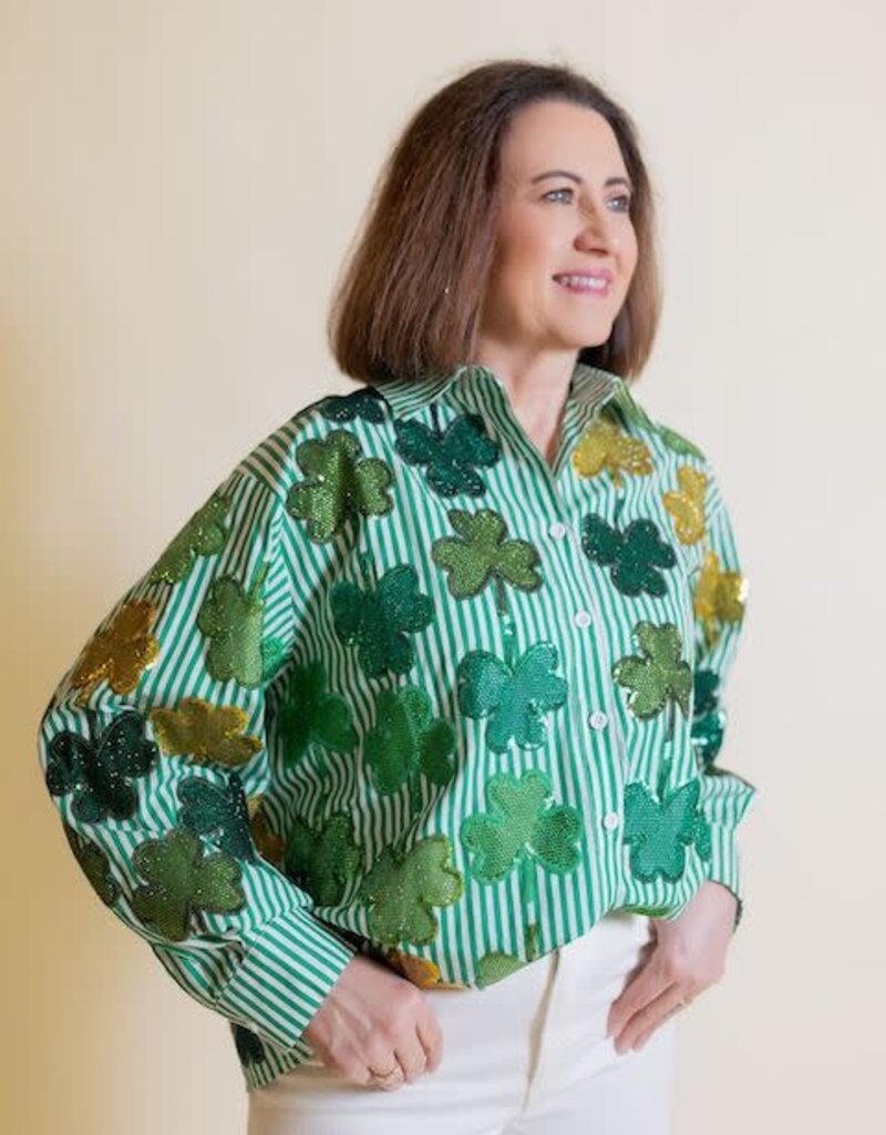 Queen of Sparkles Green & White Rhinestone Shamrock Button Up