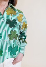 Queen of Sparkles Green & White Rhinestone Shamrock Button Up