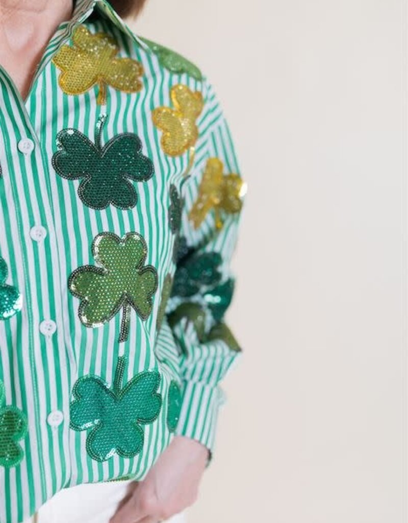 Queen of Sparkles Green & White Rhinestone Shamrock Button Up