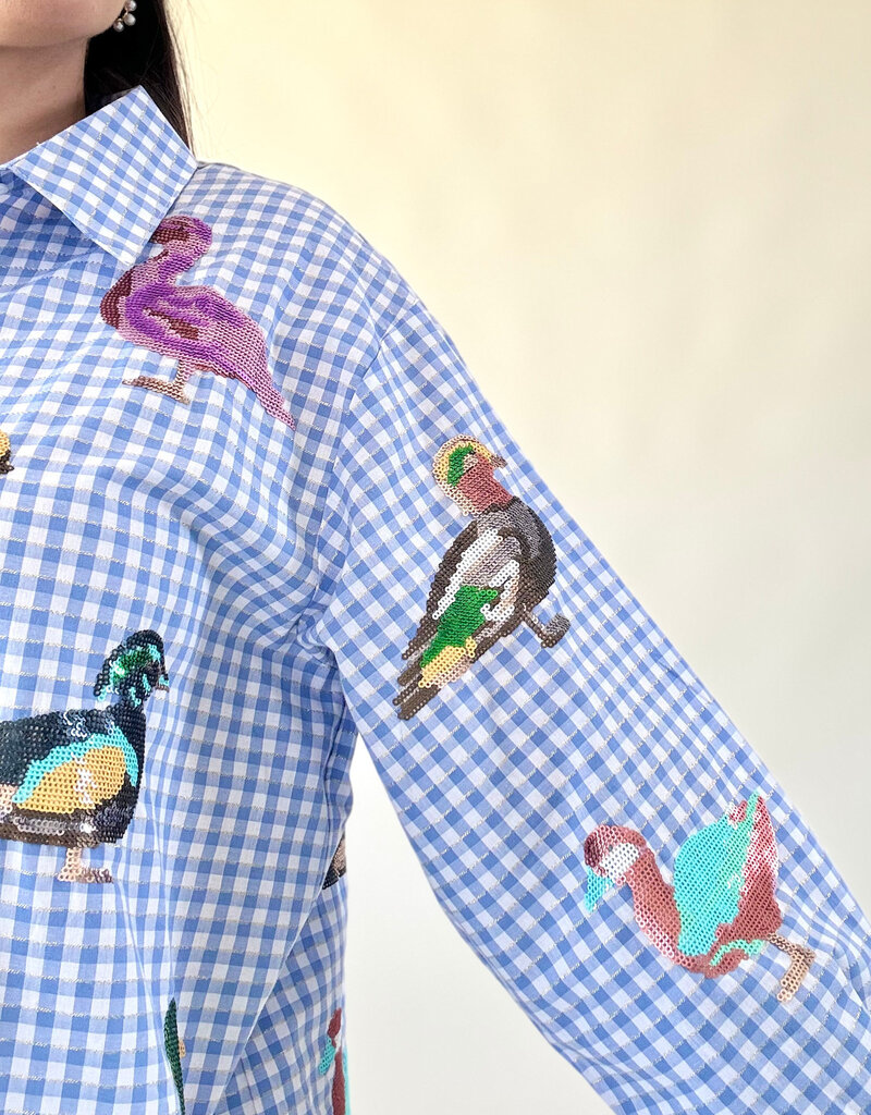 Queen of Sparkles Blue & White Gingham Scattered Duck Button Up