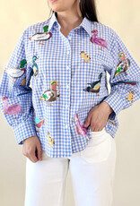 Queen of Sparkles Blue & White Gingham Scattered Duck Button Up