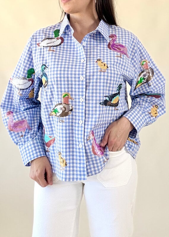 Queen of Sparkles Blue & White Gingham Scattered Duck Button Up