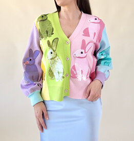 Queen of Sparkles Rainbow Colorblock Easter Bunny Cardigan