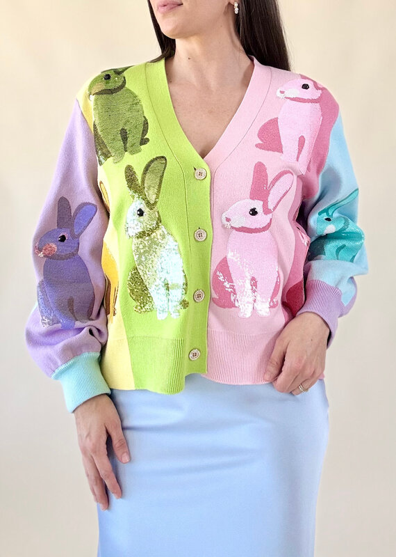 Queen of Sparkles Rainbow Colorblock Easter Bunny Cardigan
