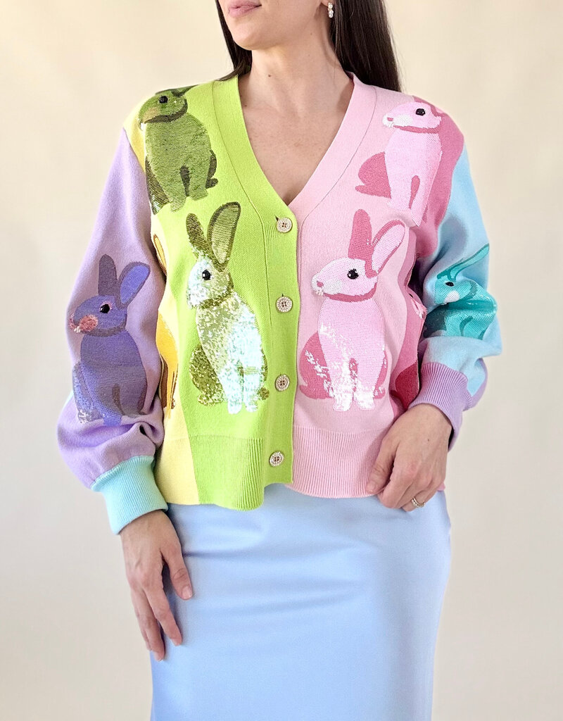 Queen of Sparkles Rainbow Colorblock Easter Bunny Cardigan