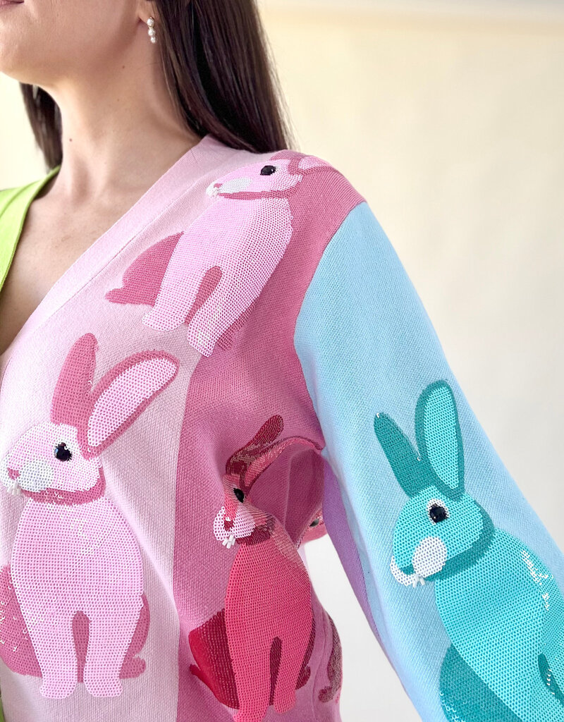 Queen of Sparkles Rainbow Colorblock Easter Bunny Cardigan