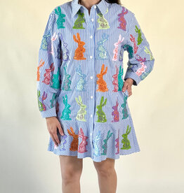 Queen of Sparkles Blue & White Striped Easter Bunny Cotton Dress