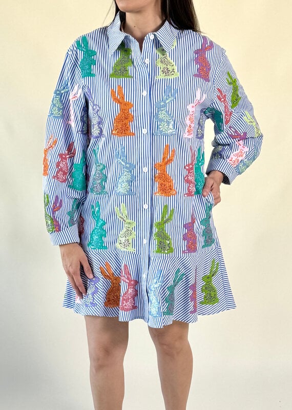 Queen of Sparkles Blue & White Striped Easter Bunny Cotton Dress