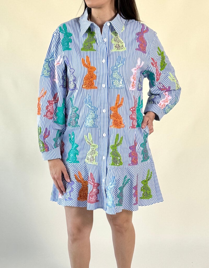 Queen of Sparkles Blue & White Striped Easter Bunny Cotton Dress