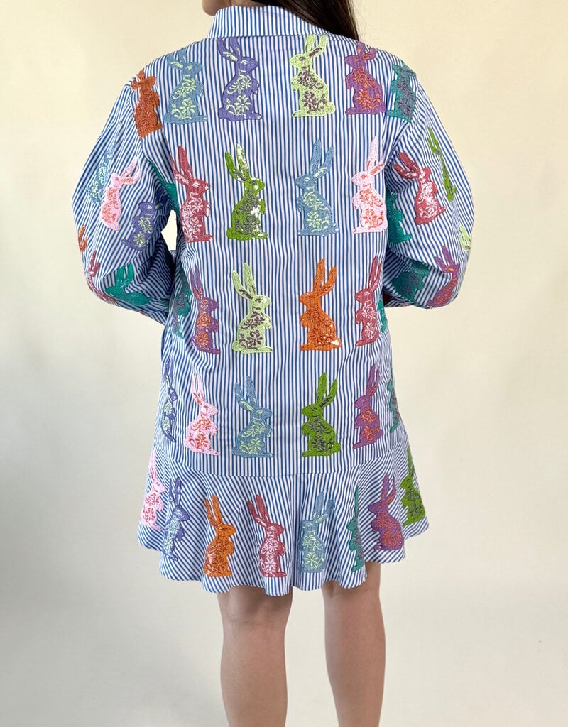 Queen of Sparkles Blue & White Striped Easter Bunny Cotton Dress