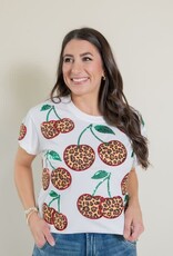Queen of Sparkles White Leopard Print Cherry Tee