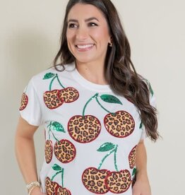 Queen of Sparkles White Leopard Print Cherry Tee