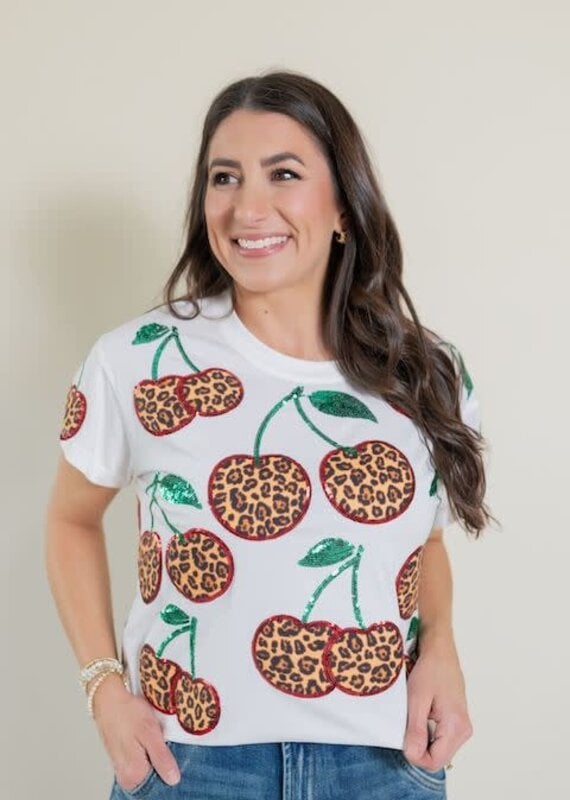 Queen of Sparkles White Leopard Print Cherry Tee