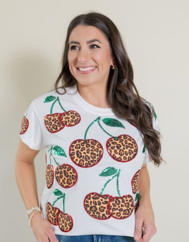 Queen of Sparkles White Leopard Print Cherry Tee