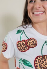 Queen of Sparkles White Leopard Print Cherry Tee