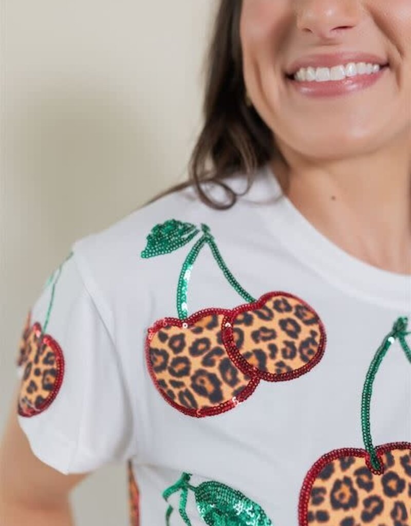 Queen of Sparkles White Leopard Print Cherry Tee