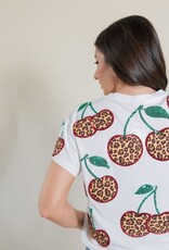 Queen of Sparkles White Leopard Print Cherry Tee