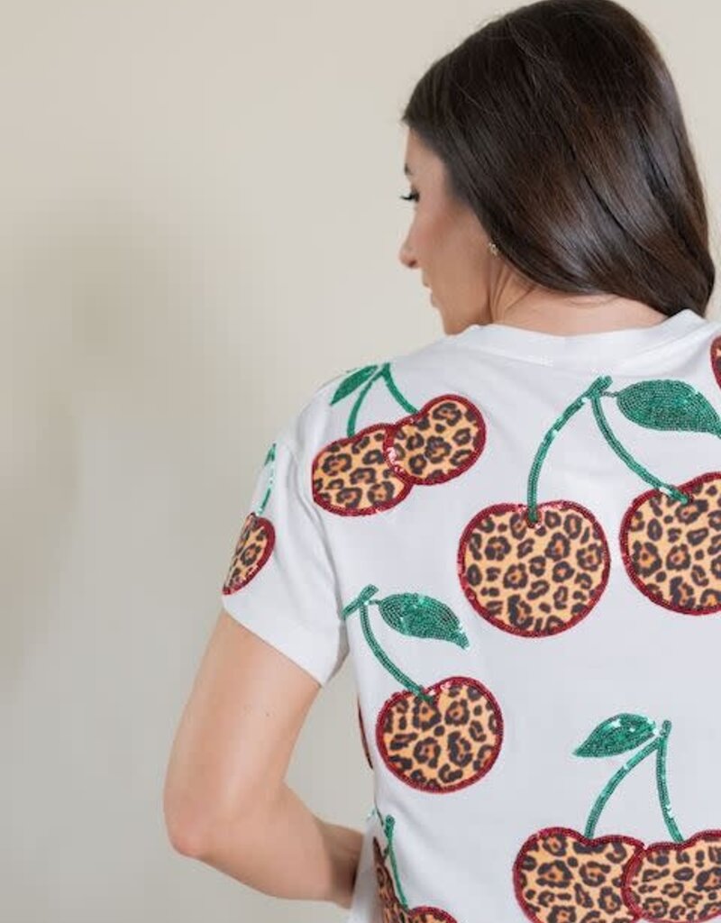 Queen of Sparkles White Leopard Print Cherry Tee