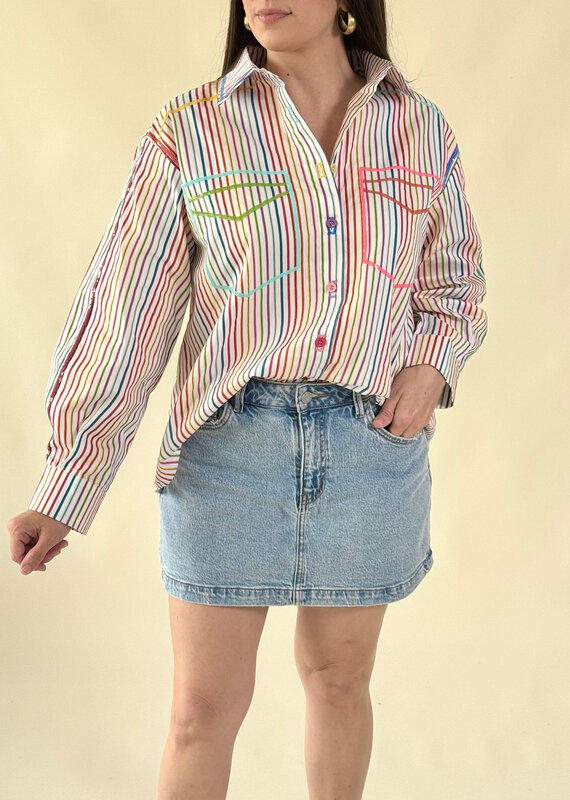 Queen of Sparkles Rainbow Striped Button Up
