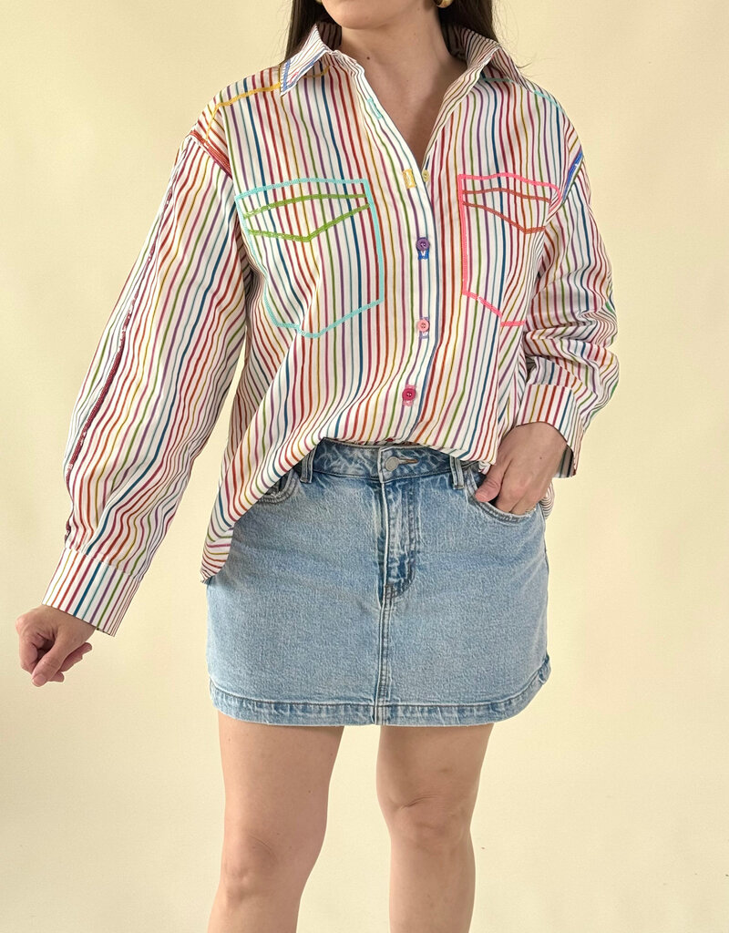 Queen of Sparkles Rainbow Striped Button Up