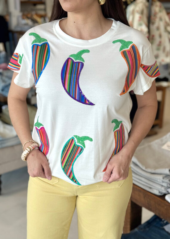 Queen of Sparkles White Multi Striped Chili Pepper Tee