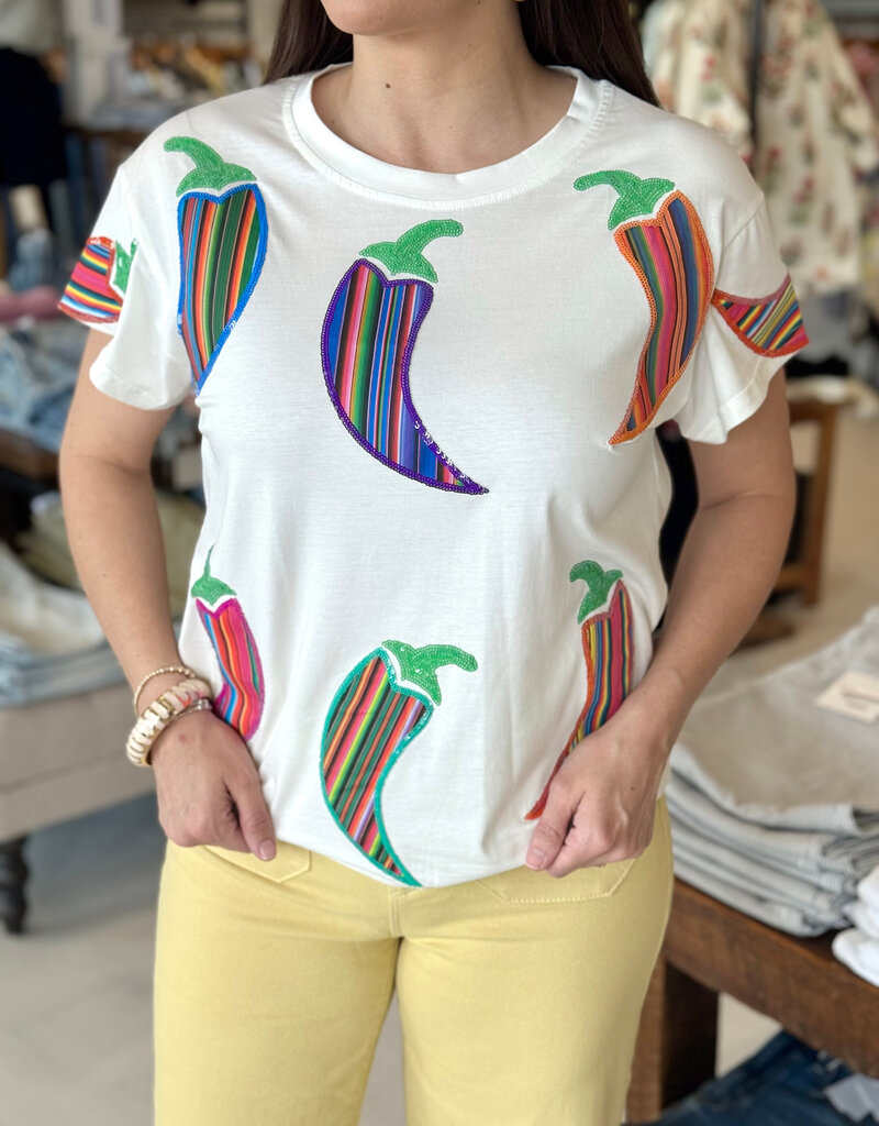 Queen of Sparkles White Multi Striped Chili Pepper Tee