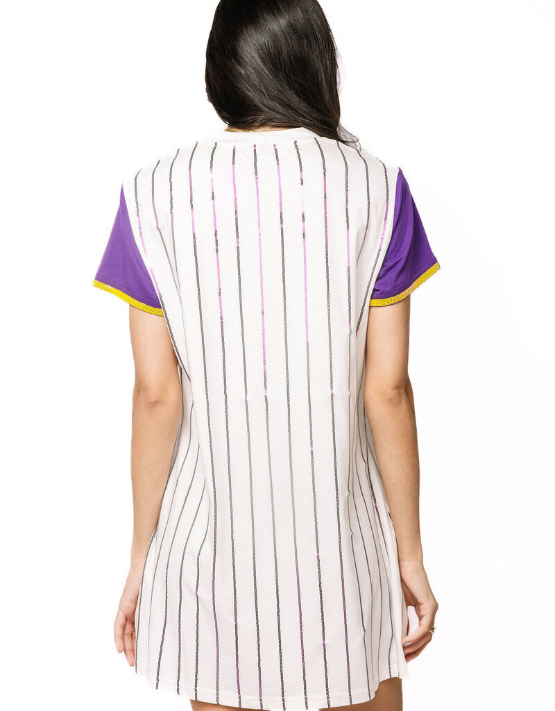 Queen of Sparkles Licensed LSU Striped Baseball Word Tee Dress